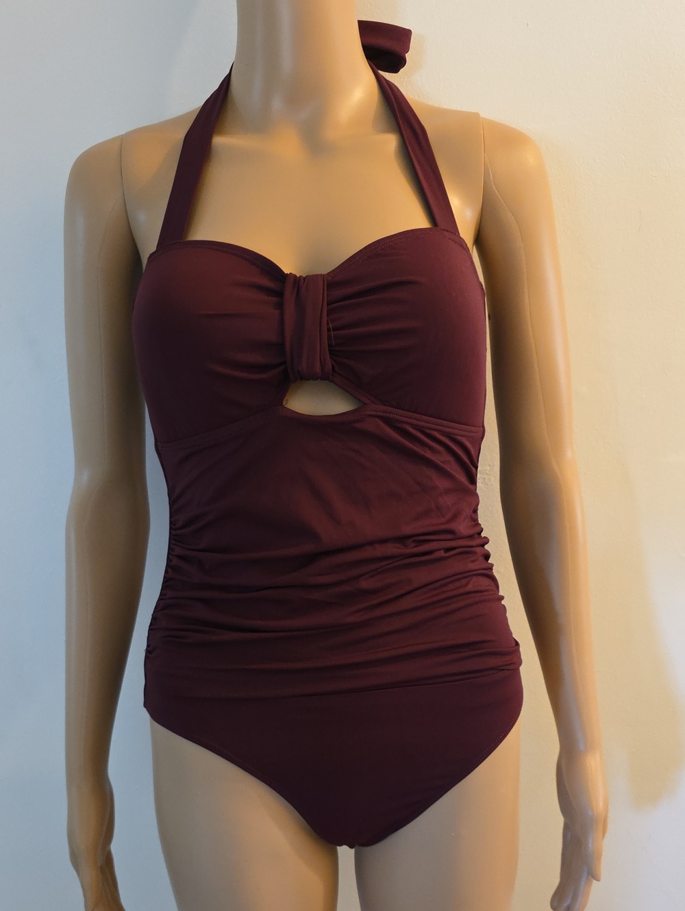 BCBGMaxAzria Twist-Front Halter One-Piece Swimsuit in Deep Burgundy